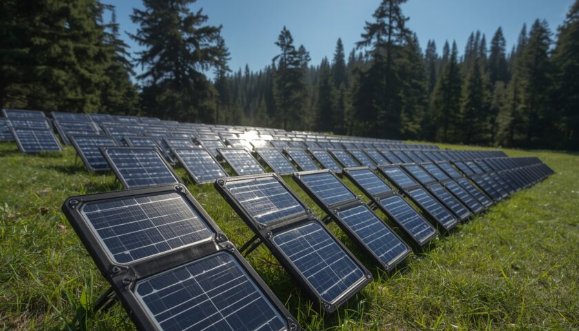 Lucid Origin Banks of sleek modern solar chargers glisten unde 1