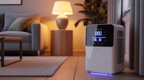 ideogram v3.0 A realistic and modern living room with a zeolite dehumidifier placed discreetly 0