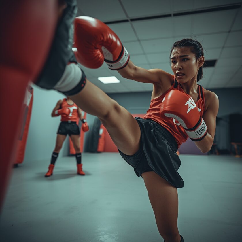 lucid origin A dynamic kickboxing scene photographed in a bright and modern martial arts gym 0